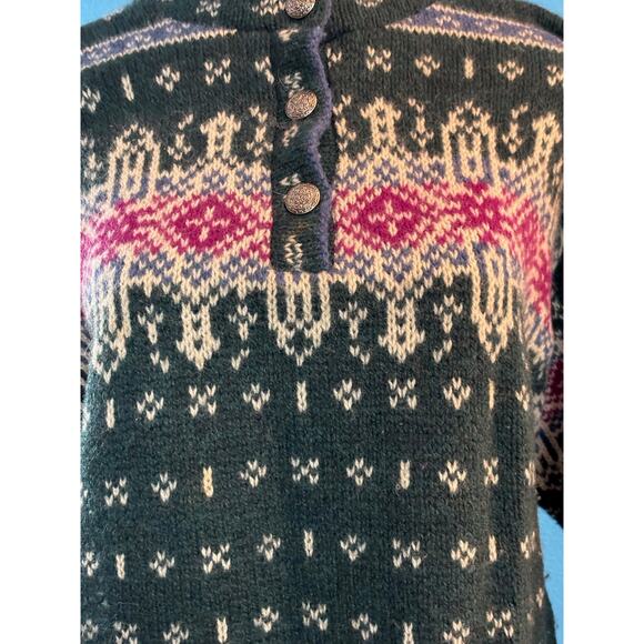VTG USA Made LL Bean Wool Pullover Sweater Green Intarsia Nordic Design Button M - Picture 5 of 8